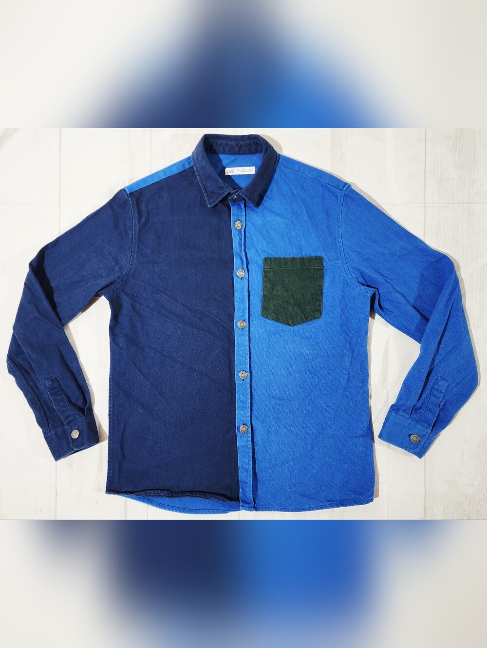 ZARA Mens Medium Colorblock Contrast Denim Shirt Jacket Shacket Green Pocket